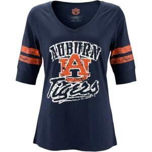 CG University Auburn Tigers Blue Logo V Neck Raglan Tee Shirt Womens Small NEW